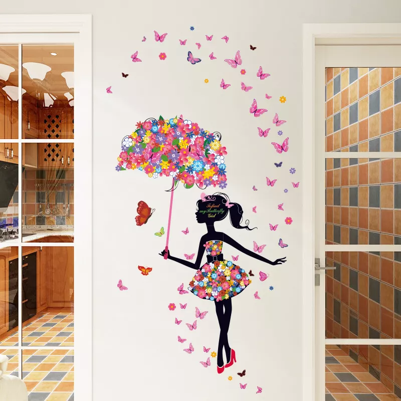 Autocollant mural, Fille avec parapluie, Papillons, Décoration murale, Décoration